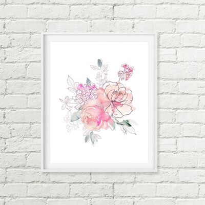 Rose Floral Printable Art, Blush Pink Flowers Sketched Leaves Soft Floral Nursery Decor