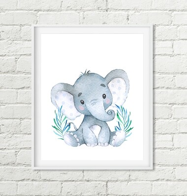 Elephant Printable Wall Art, Blue Jungle Safari Animal Nursery, Baby Shower Gift