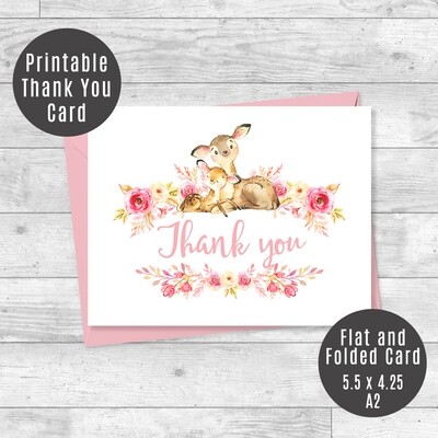 Printable Deer Thank You Card, Baby Shower Card, Floral Mommy and Baby Deer