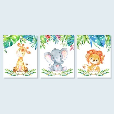 Safari Animal Printable Nursery Art, Giraffe Elephant Lion
