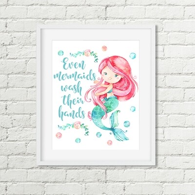 Even Mermaids Wash Their Hands Printable Art, Pink Hair Mermaid Bathroom Rules