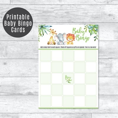 Safari Printable Bingo Game Card, Game for Baby Shower, Giraffe, Elephant, Lion Jungle