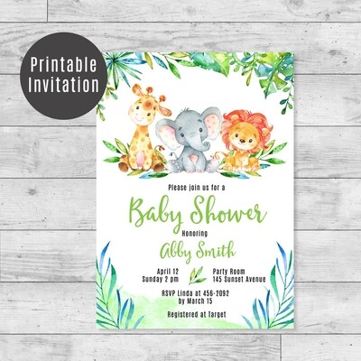 Safari Baby Shower Invitation Giraffe, Elephant, Lion Printable Invite