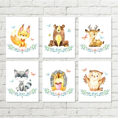Woodland Animal Printable Nursery Art, Fox Bear Deer Racoon Hedgehog Owl