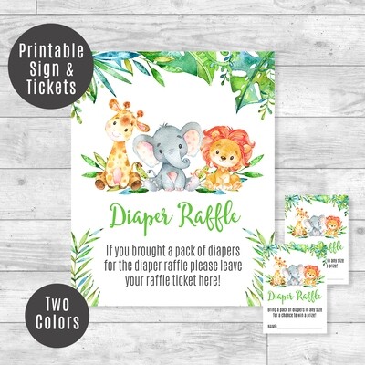 Safari Diaper Raffle Sign, Raffle Ticket Printable Cards, Baby Shower Inserts
