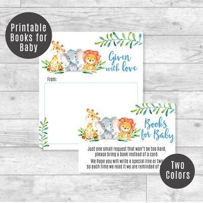Safari Baby Shower Books for Baby Card, Book Plate Printable  Invitation Inserts
