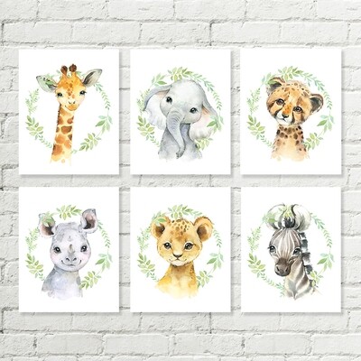 Safari Printable Nursery Art, Africa Animals Giraffe Elephant Lion Cheetah Rhino Zebra