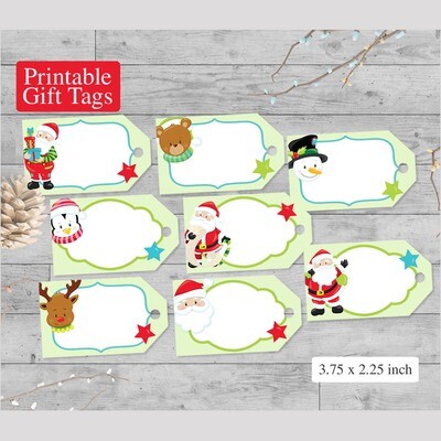 Kids Printable Holiday Gift Tags, Set of 8 Christmas Tags Santa Snowman Reindeer