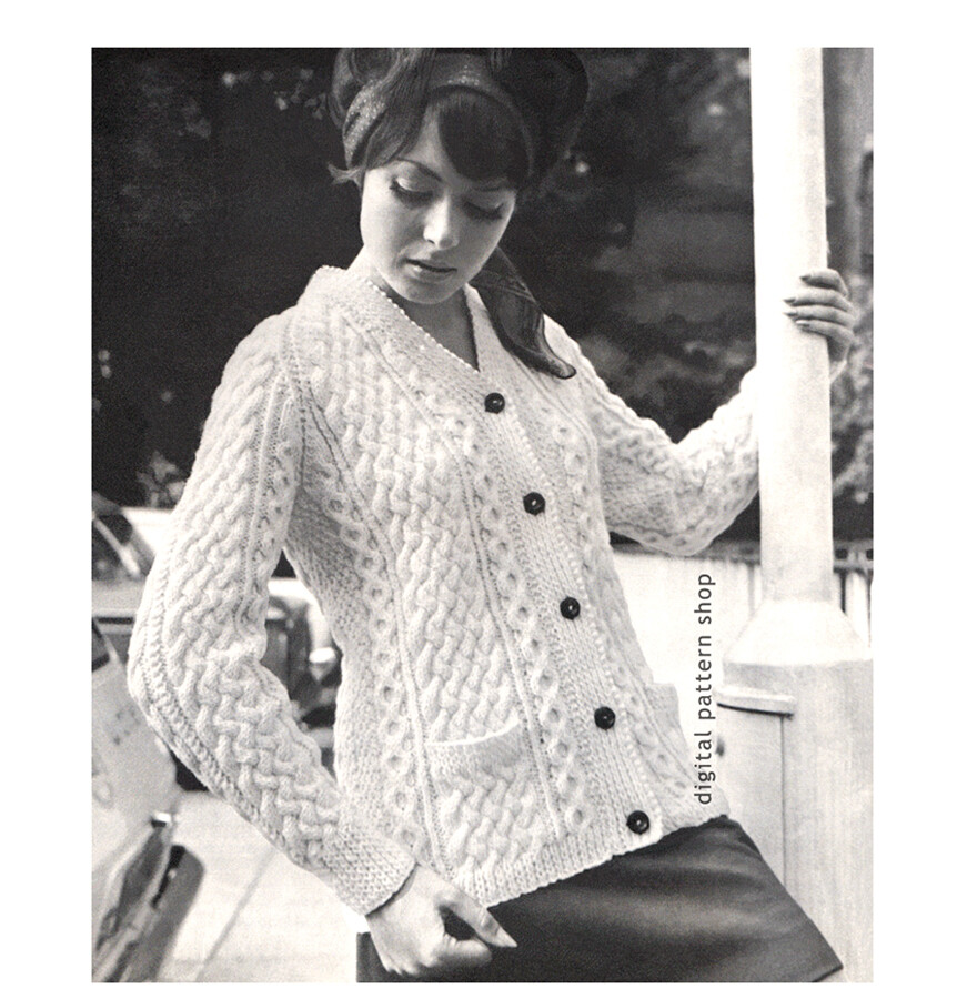 1960s Aran Cardigan Knitting Pattern, Raglan Sleeve Jumper