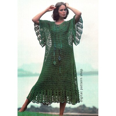1970s Vintage Caftan Dress Crochet Pattern Beach Cover