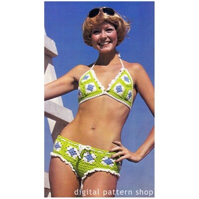 70s Granny Square Bikini Crochet Pattern for Women Swimsuit