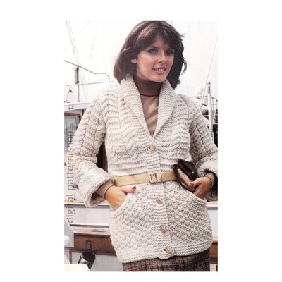 70s Aran Cardigan Knitting Pattern for Women Button Up Sweater