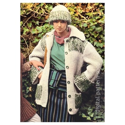 Bulky Jacket and Hat Knitting Pattern, Button Up Sweater Cardigan
