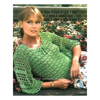 1970s Shell Lace Top Crochet Pattern for Women Flare Sleeve