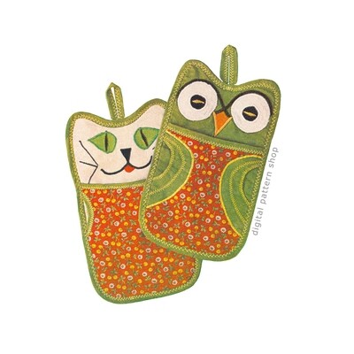 60s Owl and Cat Potholder Digital Sewing Pattern Hot Mitts