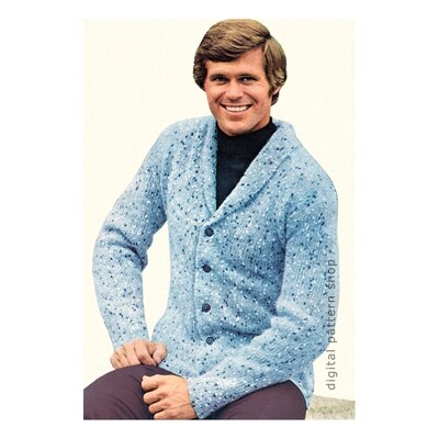 1970s Cardigan Knitting Pattern for Men Shawl Collar Sweater