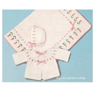 1960s Baby Rosebud Set Crochet Pattern Sweater Bonnet, Blanket