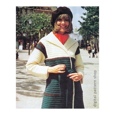 1970s Long Wrap Coat Crochet Pattern for Women Shawl Collar