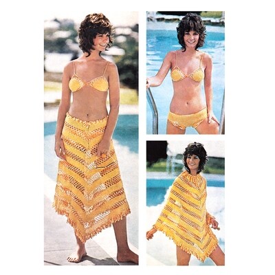 1970s Bikini and Poncho or Skirt Crochet Pattern for Women
