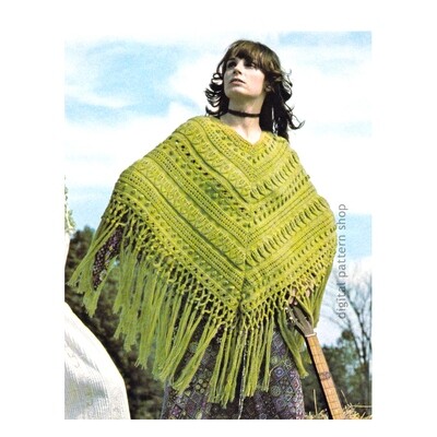 1970s Aran Poncho Knitting Pattern for Women Fringe
