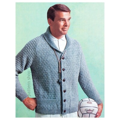 1960s Cardigan Knitting Pattern for Men, Raglan Sweater Shawl Collar