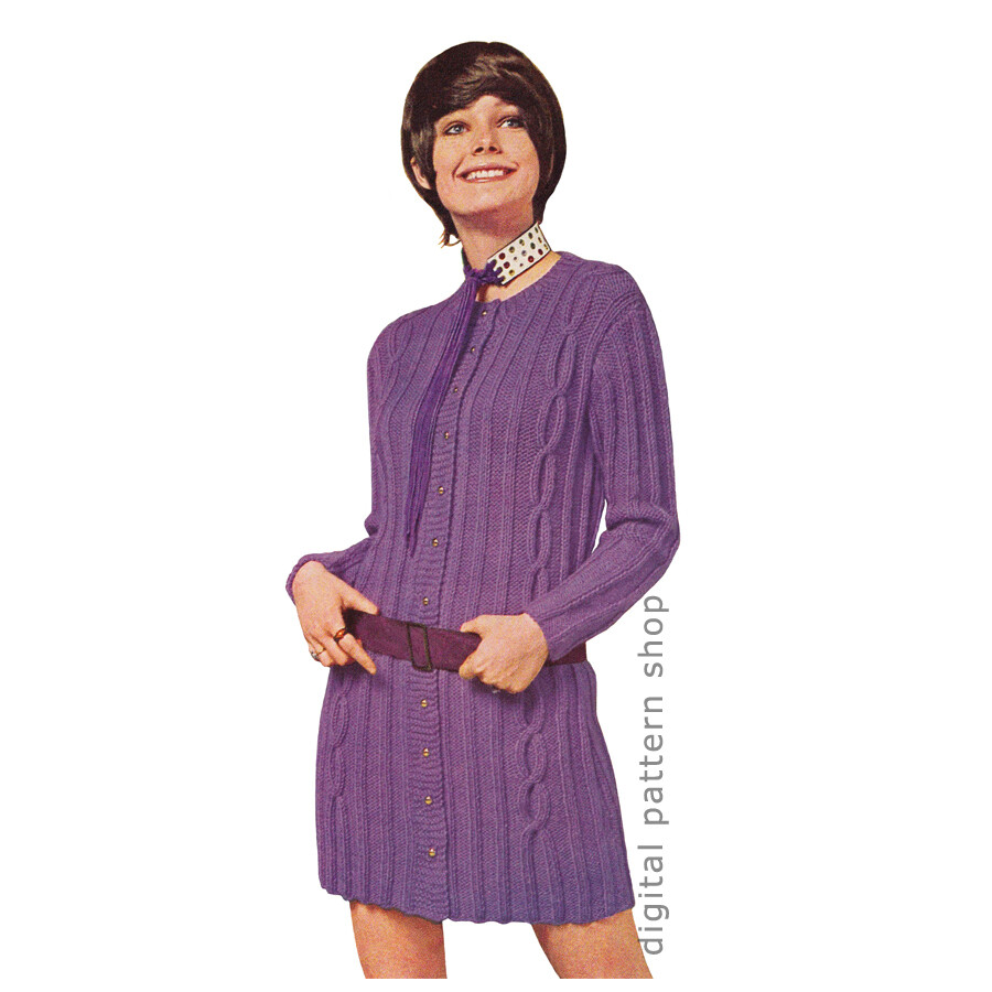 70s Mod Dress Knitting Pattern Cable Cardigan Sweater Dress
