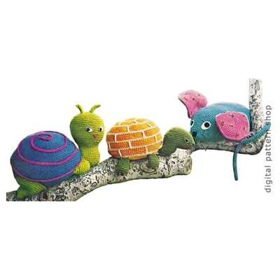 70s Toy Turtle, Snail, Mouse Crochet Pattern Pillow Pets Amigurumi