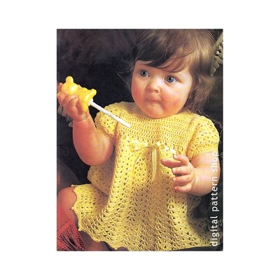 70s Girls Ribbon Trim Dress Crochet Pattern Lacy Shell Stitch Dress