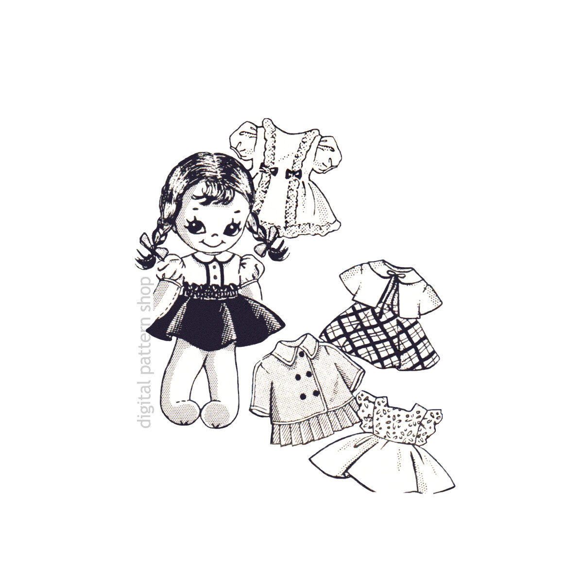 1950s Soft Sock Doll Sewing Pattern Dress Skirt Petticoat Panties