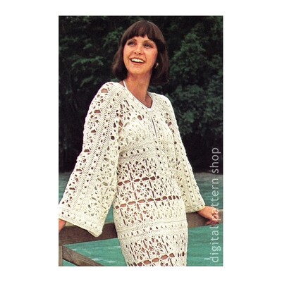 1970s Caftan Crochet Pattern for Women, Beach Dress Kaftan
