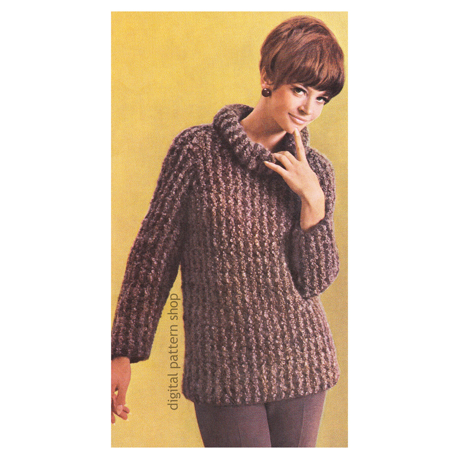1960s Bulky Raglan Sweater Crochet Pattern Rolled Turtleneck