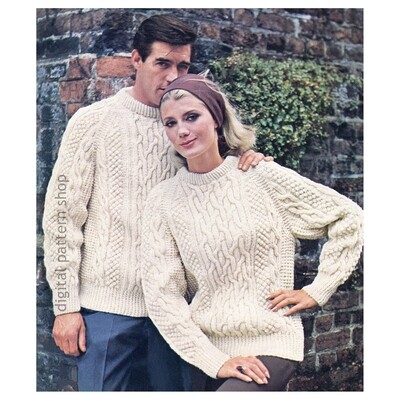 60s Irish Fisherman Sweater Knitting Pattern, Women and Men