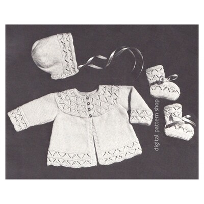 1950s Baby Sweater Set Knitting Pattern Jacket Bonnet Booties