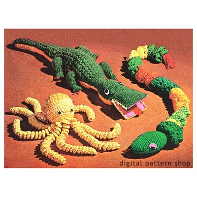 Stuffed Toy Crochet Pattern Alligator, Snake, Octopus Amigurumi