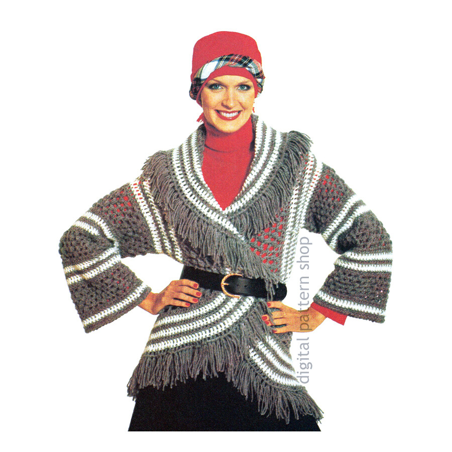 1970s Circle Wrap Sweater Crochet Pattern Granny Square Jacket