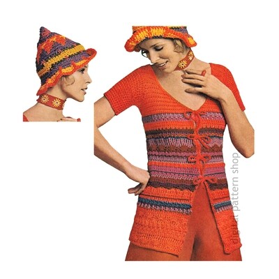 Sweater and Pixie Hat Crochet Pattern, Tie Front Summer Top