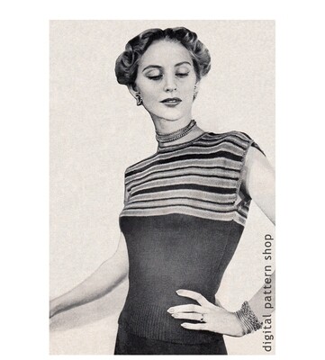 1940s Sweater Knitting Pattern, Pullover Striped Blouse