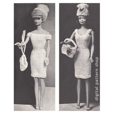 1960s Barbie Doll Knitting Pattern, Dresses, Hats, Purse