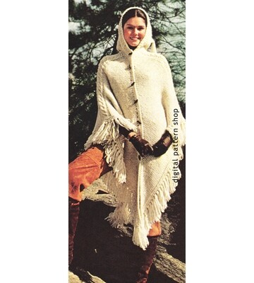 70s Hooded Cape Knitting Pattern for Women Button Up Poncho
