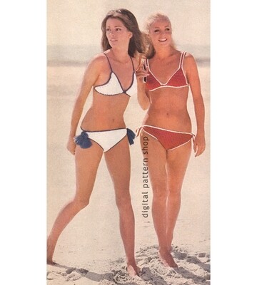 1970s Bikini Crochet Pattern, Contrast Trim Top, Tied Bottoms
