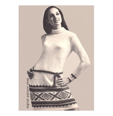 1960s Dress Knitting Pattern Geometric Sweater Dress Turtleneck