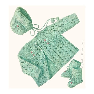 Baby Knitting Pattern Lacy Sweater Set Embroidered Rosebuds