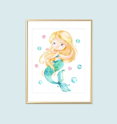 Mermaid Printable Art with Blonde Hair, Yellow and Aqua Watercolor Kids Bathroom Art