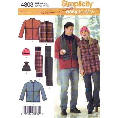 Simplicity 4803 Hooded Zipper Jacket, Vest, Hat Pattern Adult S M L