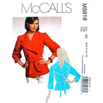 McCalls 5816 Double Breasted Jacket Pattern Lined Size 6 to 14