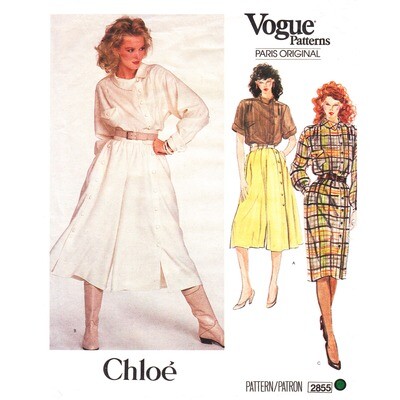 80s Designer Chloe Pattern Vogue 2855 Top, Shirt Dress, Culottes