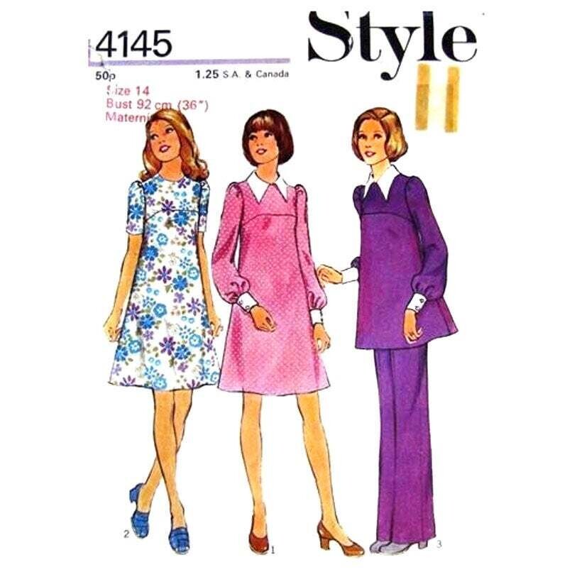 1970s Maternity Dress, Tunic, Pants Pattern Style 4145 Size 14
