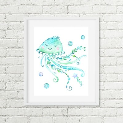 Jellyfish Printable Art, Seashore Aqua Bathroom Watercolor