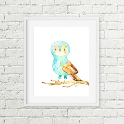 Whimsical Owl Printable Nursery Art, Aqua Woodland Watercolor