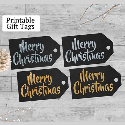 Printable Gift Tags Silver and Gold Merry Christmas Sparkle and Foil